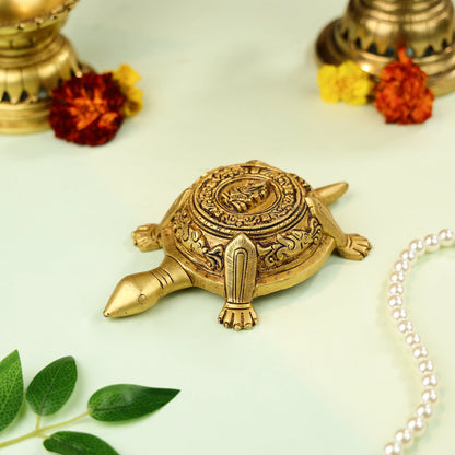 7" Brass Carved Vastu Tortoise With Ganesha Figure