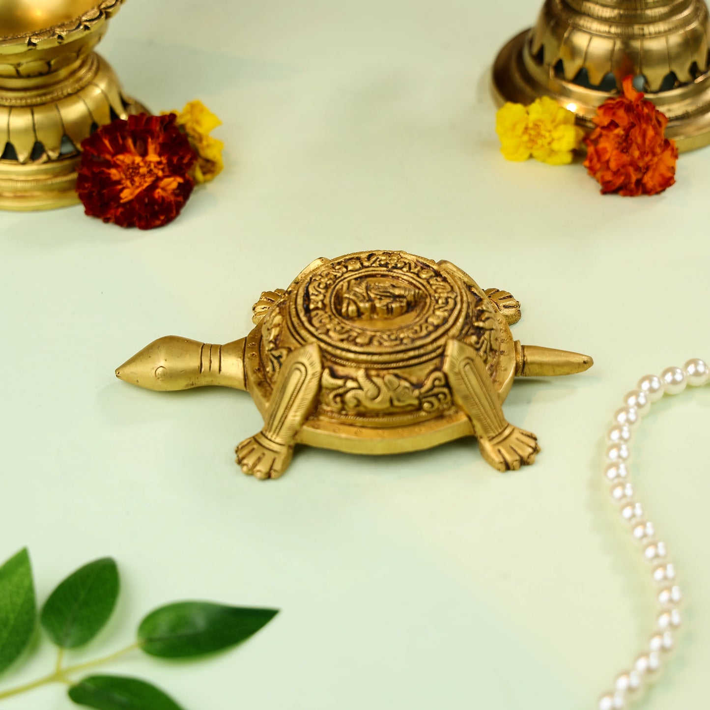 7" Brass Carved Vastu Tortoise With Ganesha Figure