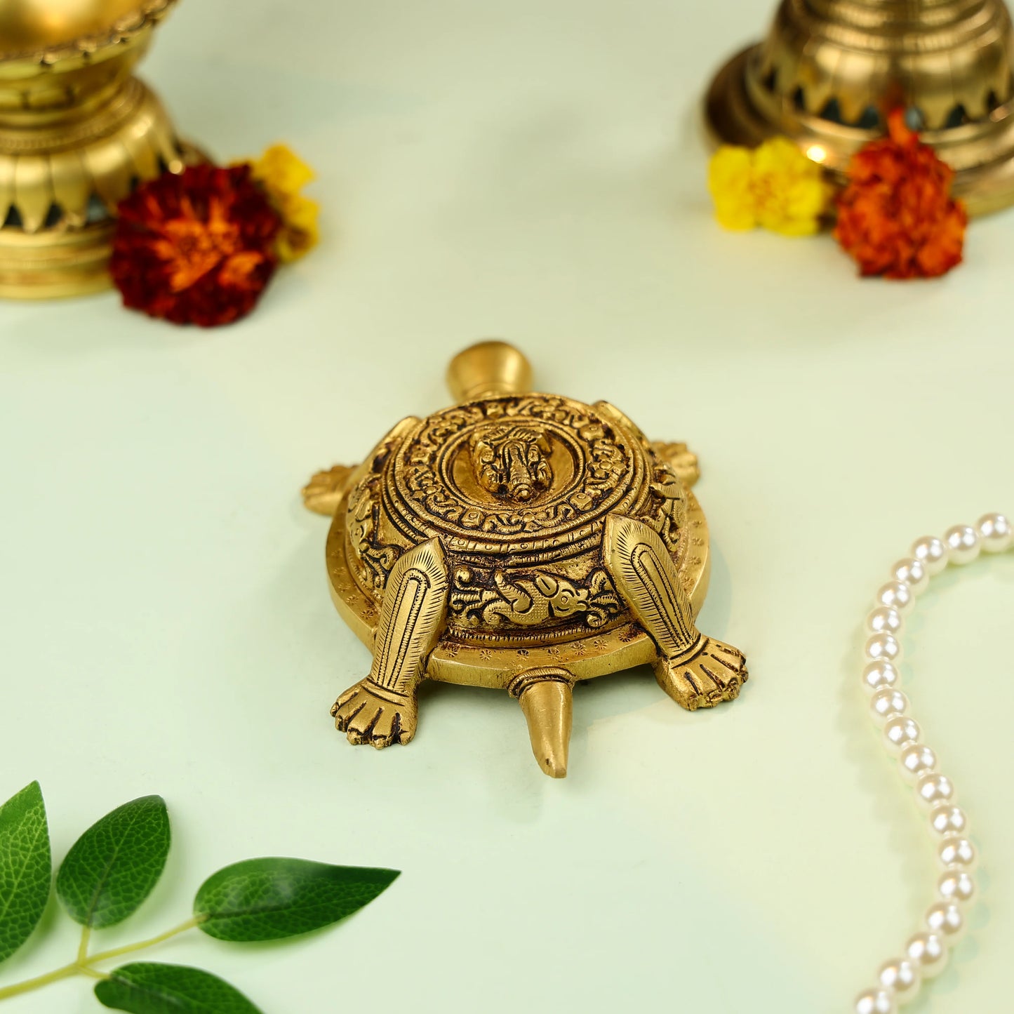 7" Brass Carved Vastu Tortoise With Ganesha Figure