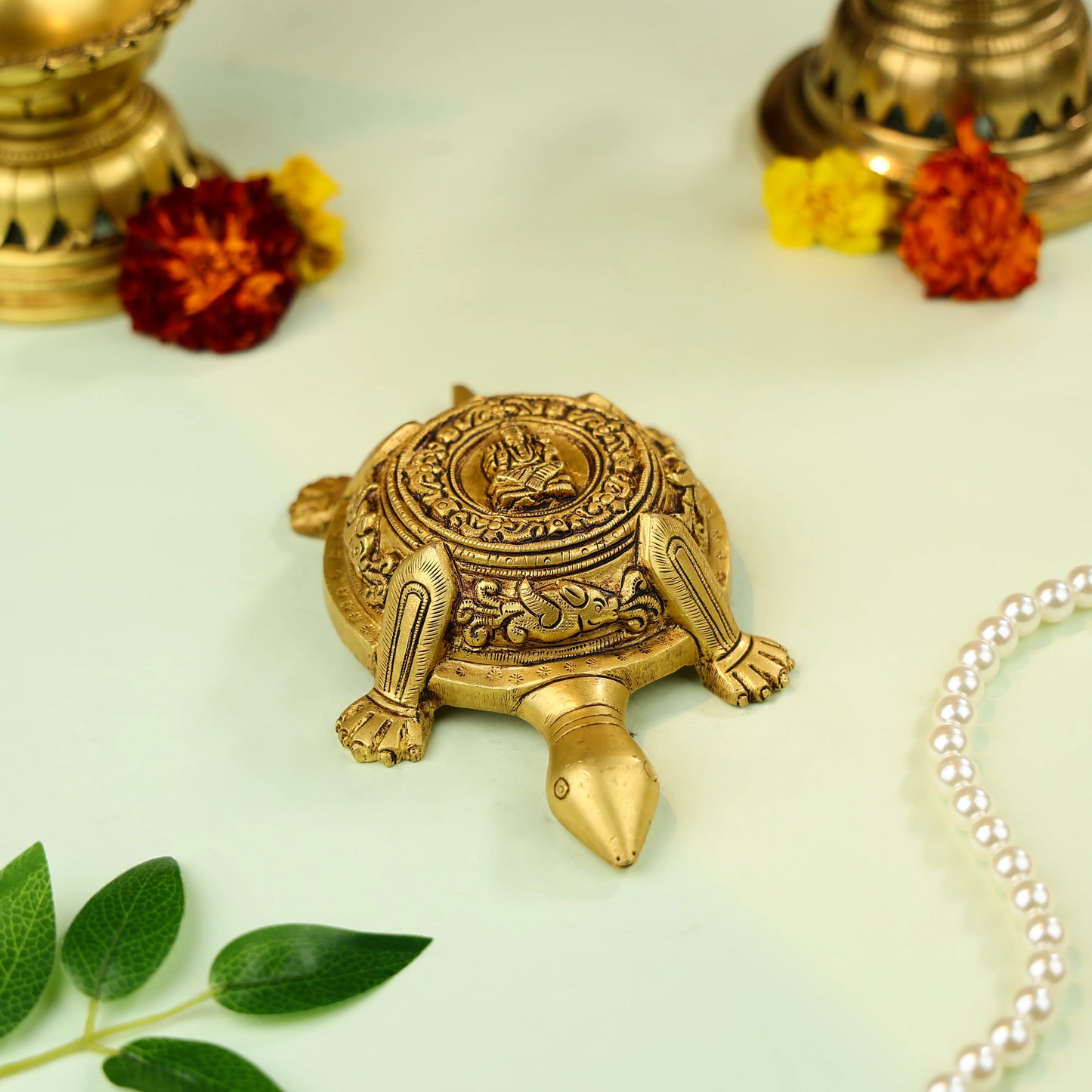 7" Brass Carved Vastu Tortoise With Ganesha Figure