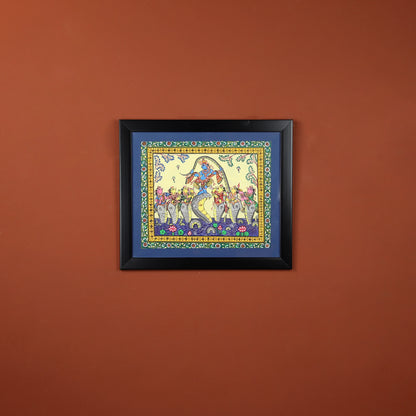 15" Pattachitra Hand Painted on Clay Clad Cloth Wall Art of Lord Krishna Dancing on Kaliya Naag