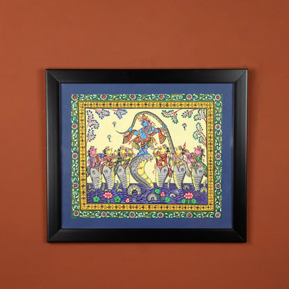 15" Pattachitra Hand Painted on Clay Clad Cloth Wall Art of Lord Krishna Dancing on Kaliya Naag