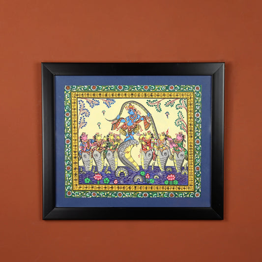 15" Pattachitra Hand Painted on Clay Clad Cloth Wall Art of Lord Krishna Dancing on Kaliya Naag