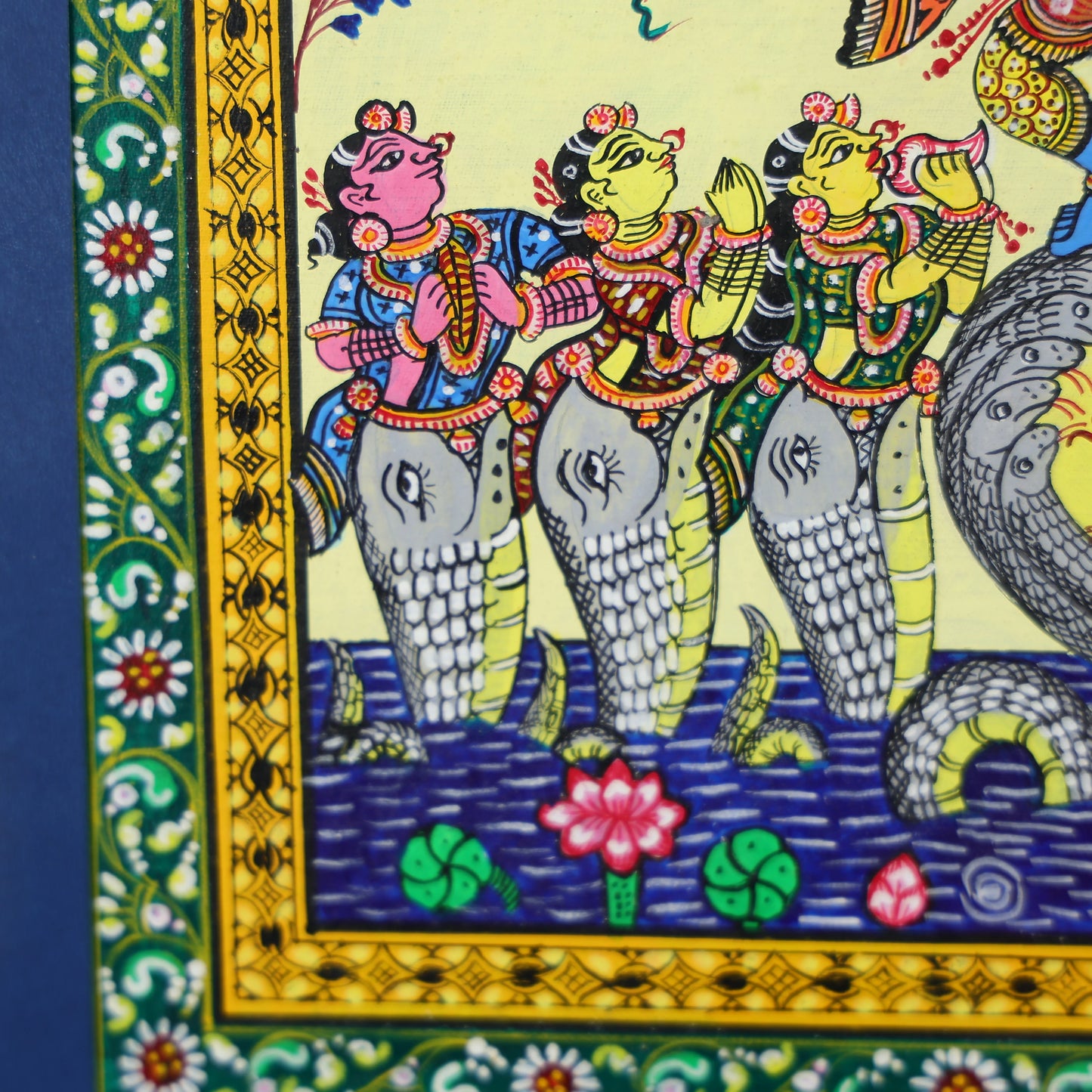 15" Pattachitra Hand Painted on Clay Clad Cloth Wall Art of Lord Krishna Dancing on Kaliya Naag