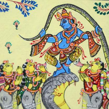 15" Pattachitra Hand Painted on Clay Clad Cloth Wall Art of Lord Krishna Dancing on Kaliya Naag