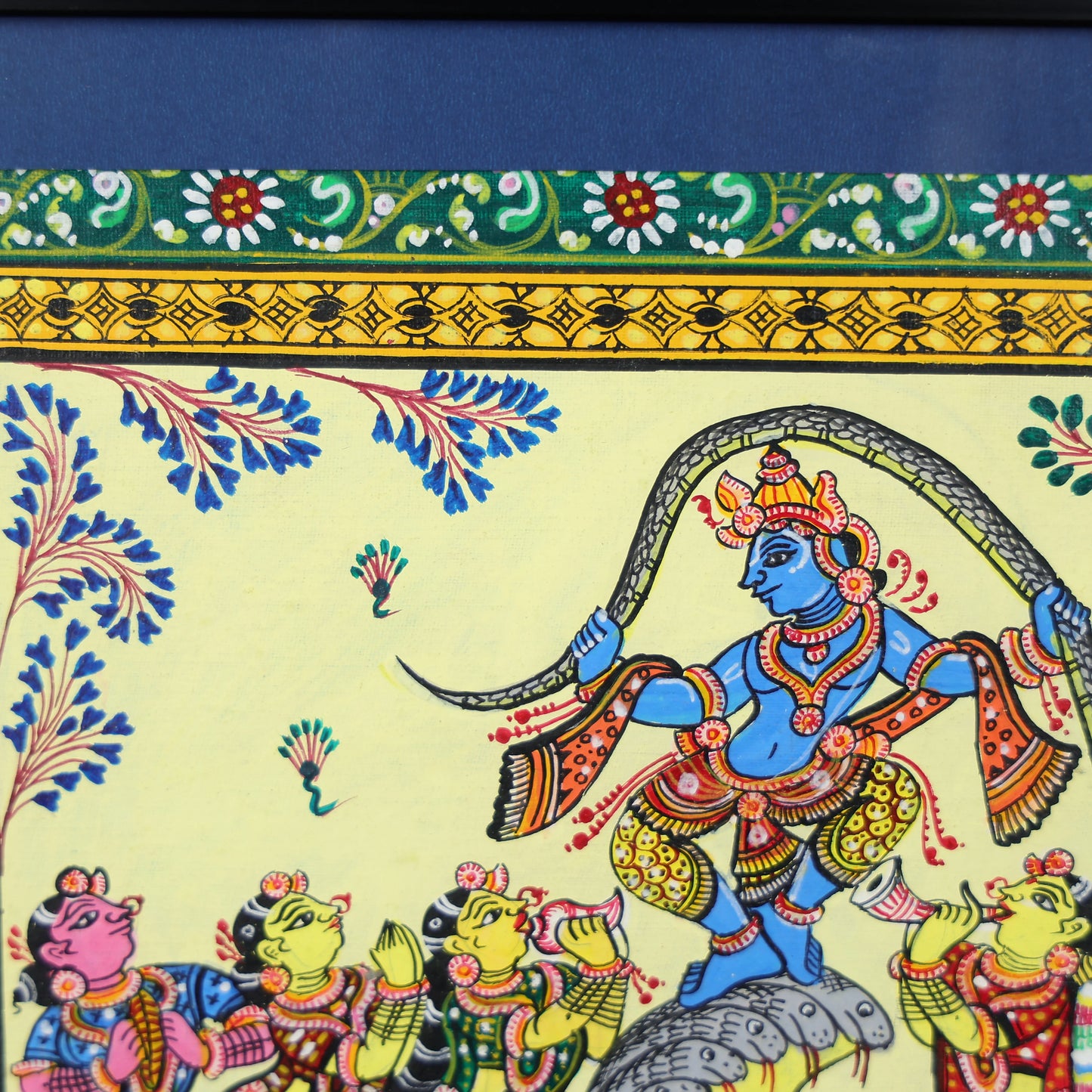 15" Pattachitra Hand Painted on Clay Clad Cloth Wall Art of Lord Krishna Dancing on Kaliya Naag