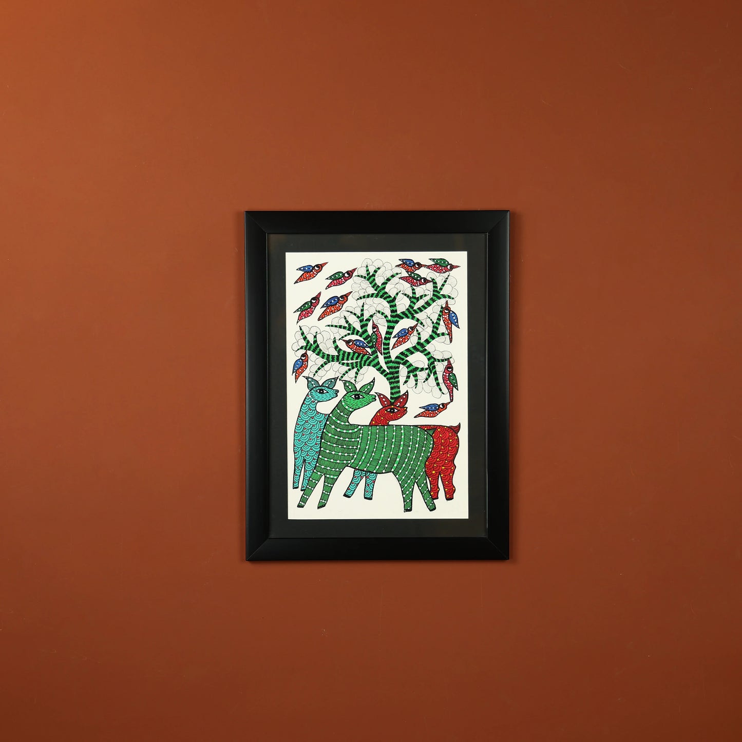 Three Colourful Deer Standing Under A Tree Wall Painting