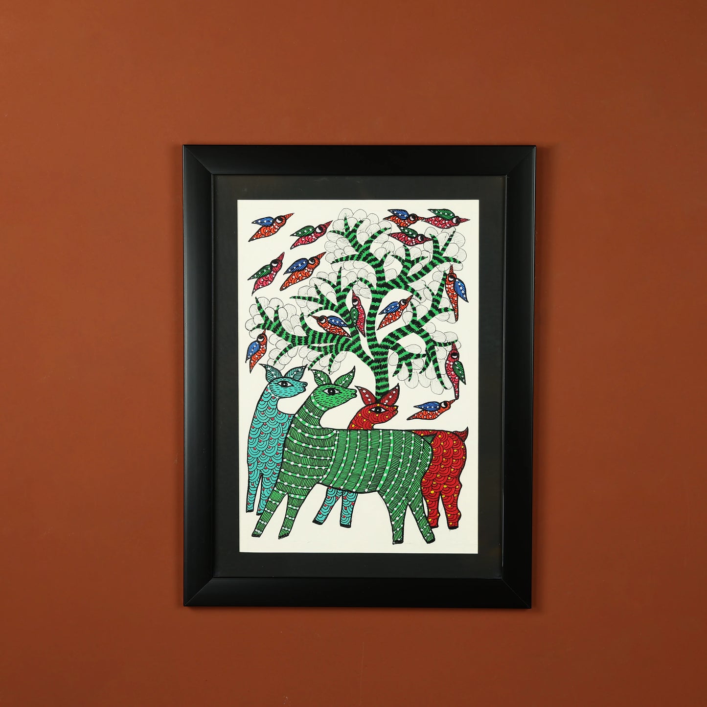 Three Colourful Deer Standing Under A Tree Wall Painting