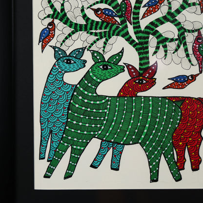 Three Colourful Deer Standing Under A Tree Wall Painting