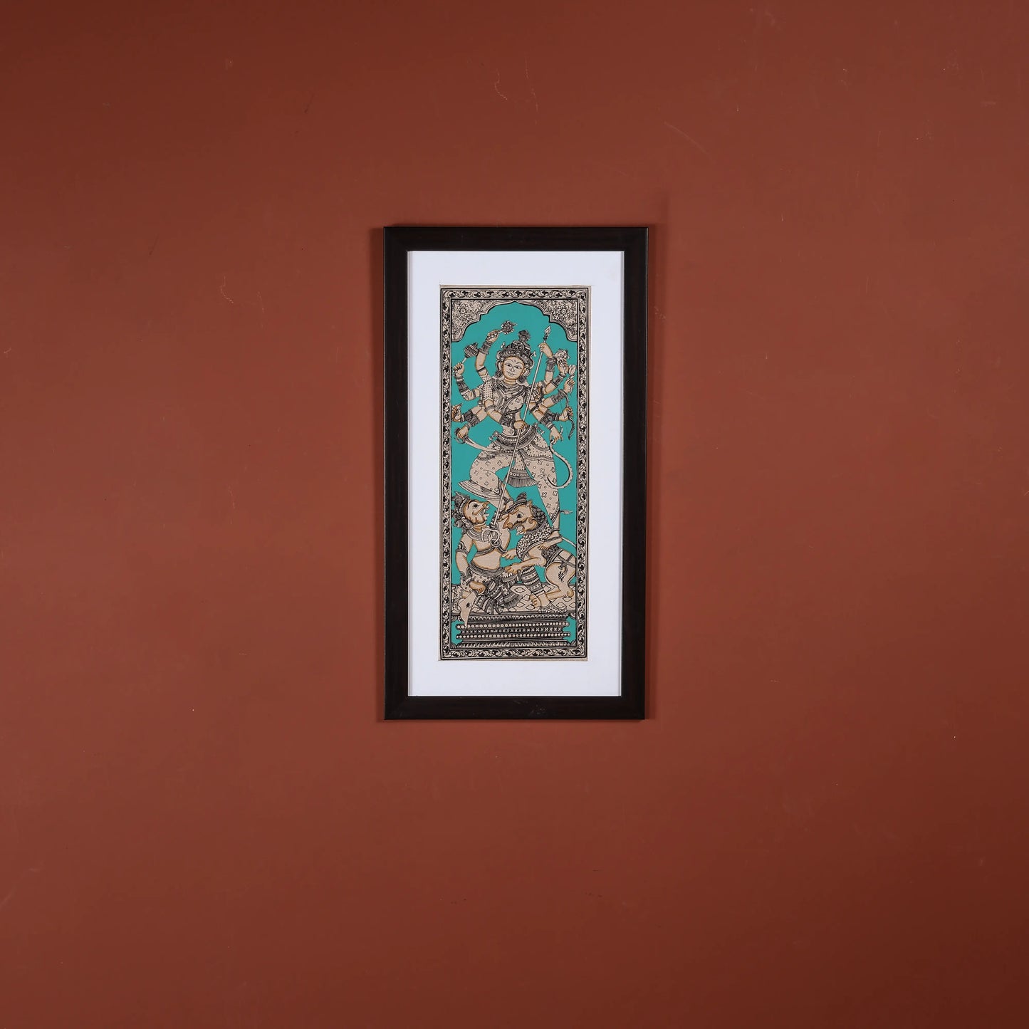 22" Pattachitra Hand Painted on Silk Wall Art of Goddess Mahishasur-Mardini