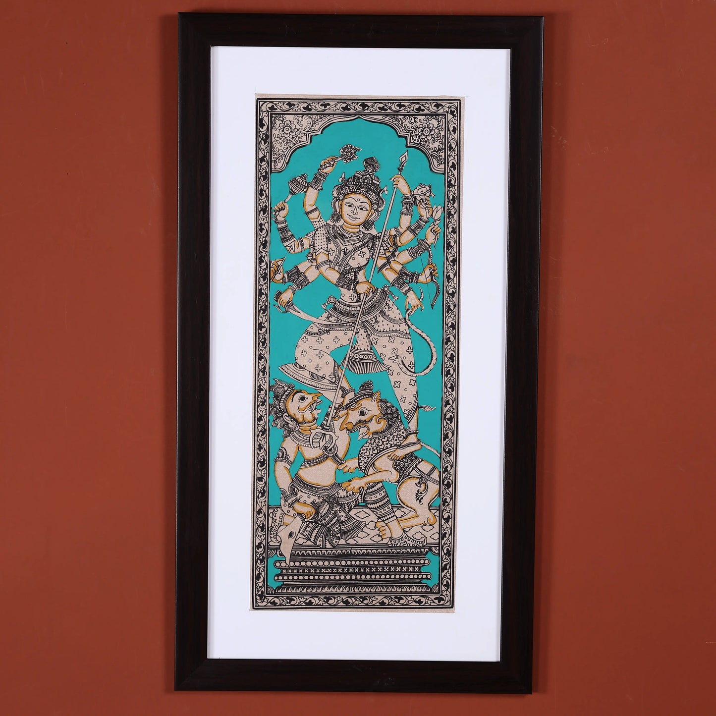 22" Pattachitra Hand Painted on Silk Wall Art of Goddess Mahishasur-Mardini