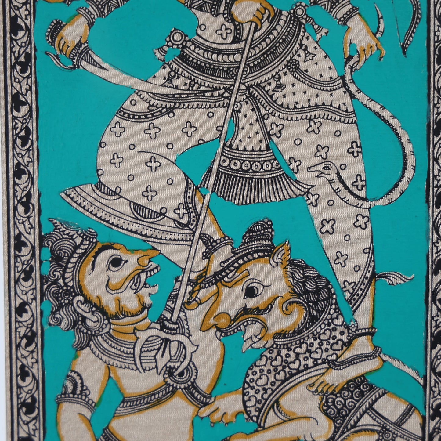 22" Pattachitra Hand Painted on Silk Wall Art of Goddess Mahishasur-Mardini