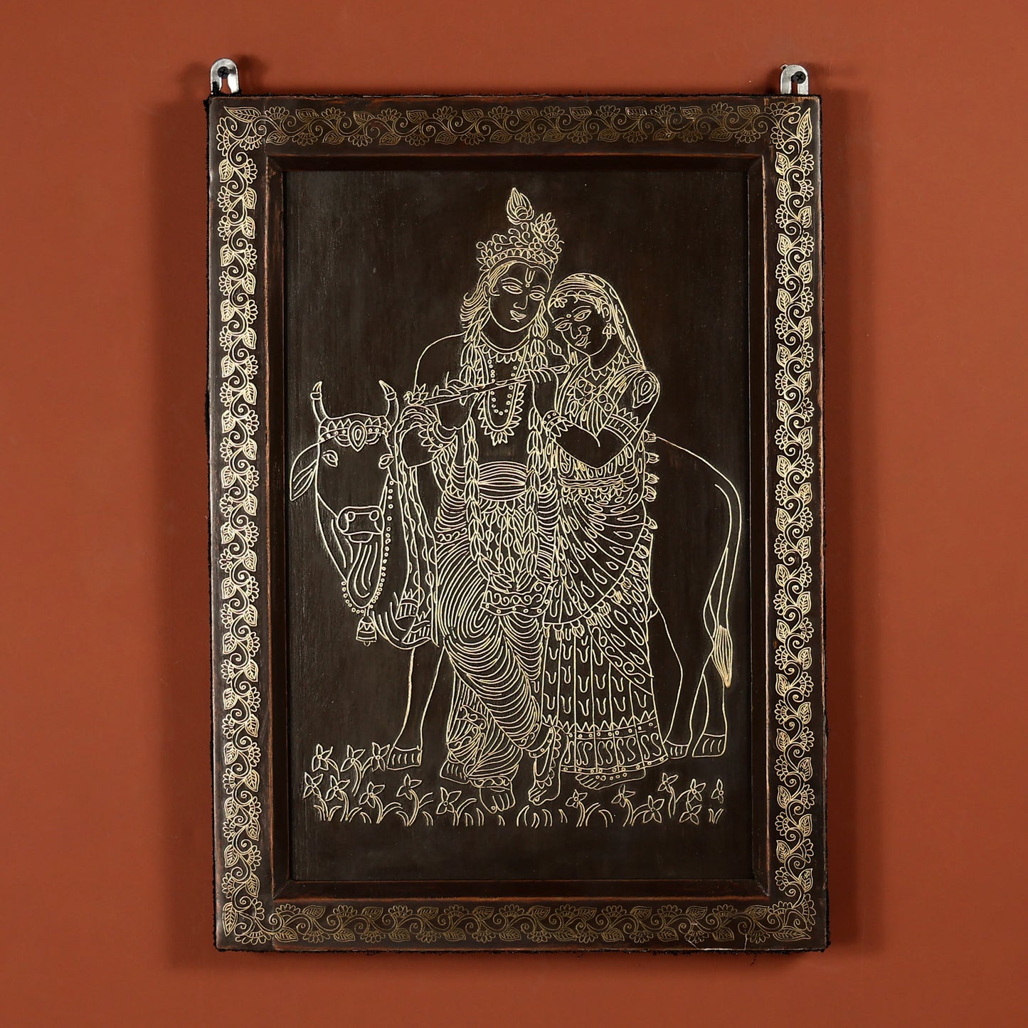 21" Tarkashi Crafted Lord Radha Krishna With Cow Background Wall Art