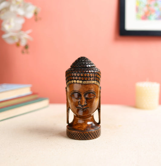 Wooden Carved Buddha Head Sculpture