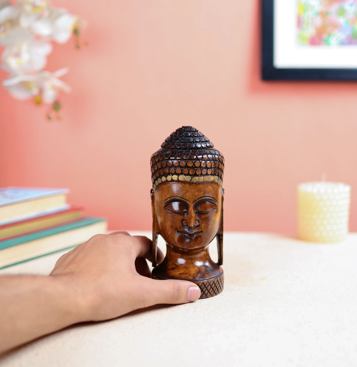 Wooden Carved Buddha Head Sculpture