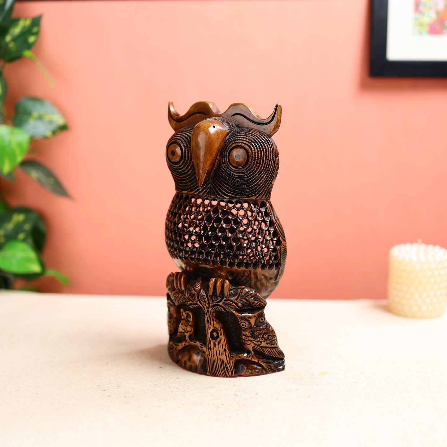 Handcrafted Wooden Owl Table Decor
