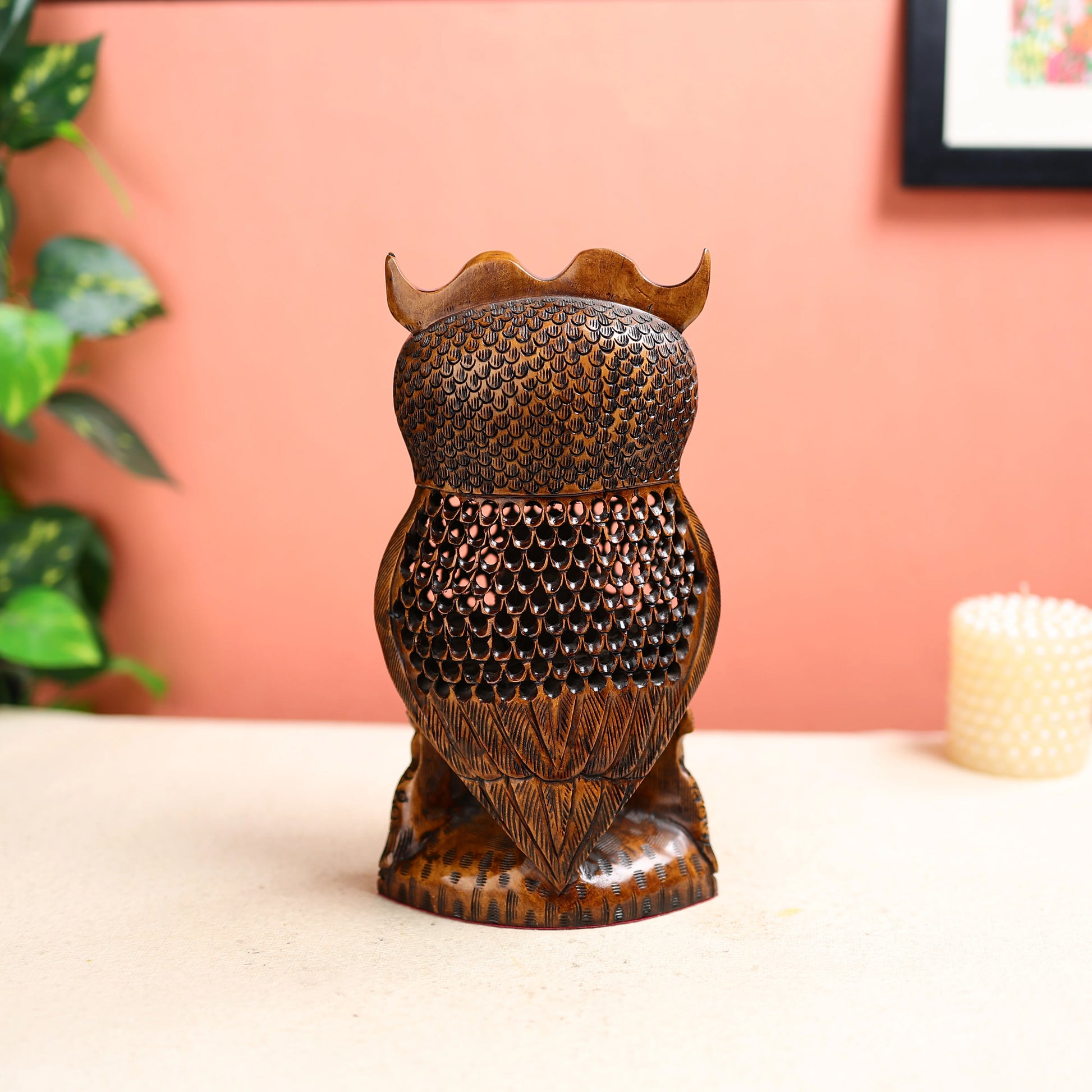 Handcrafted Wooden Owl Table Decor
