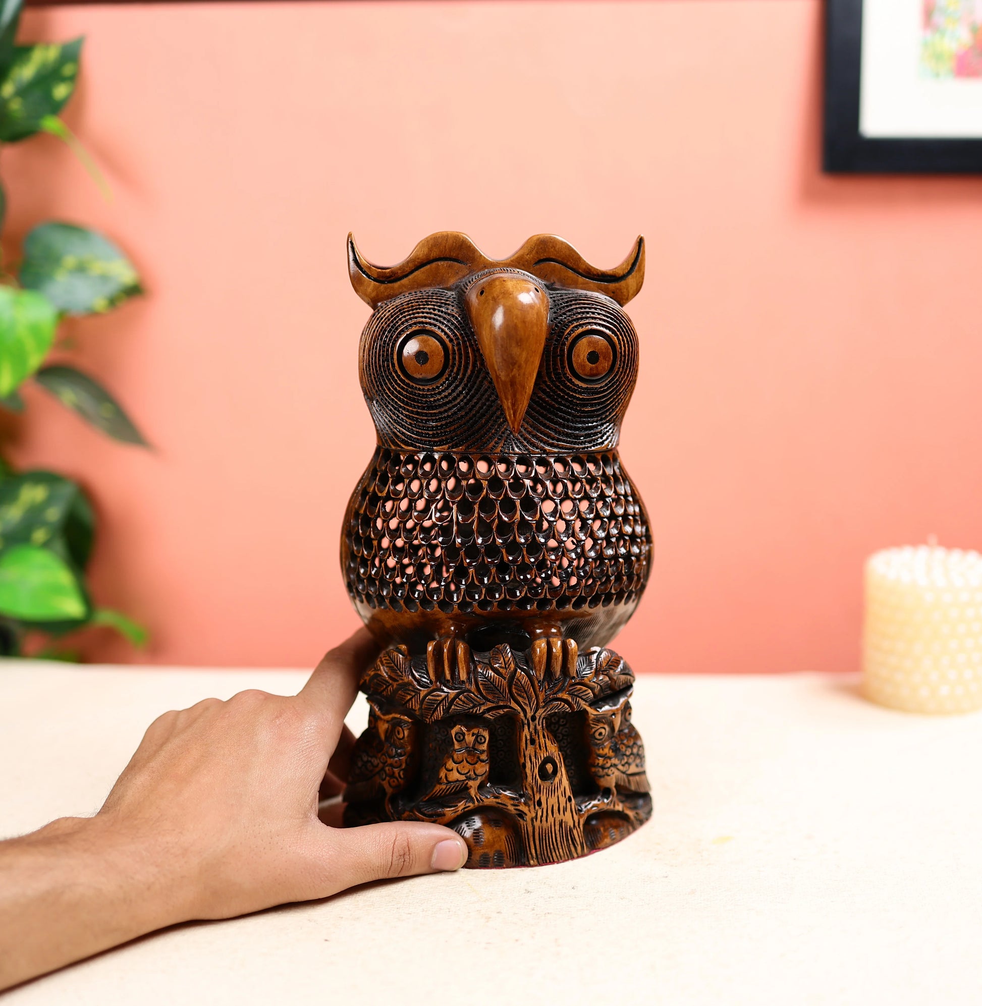 Handcrafted Wooden Owl Table Decor
