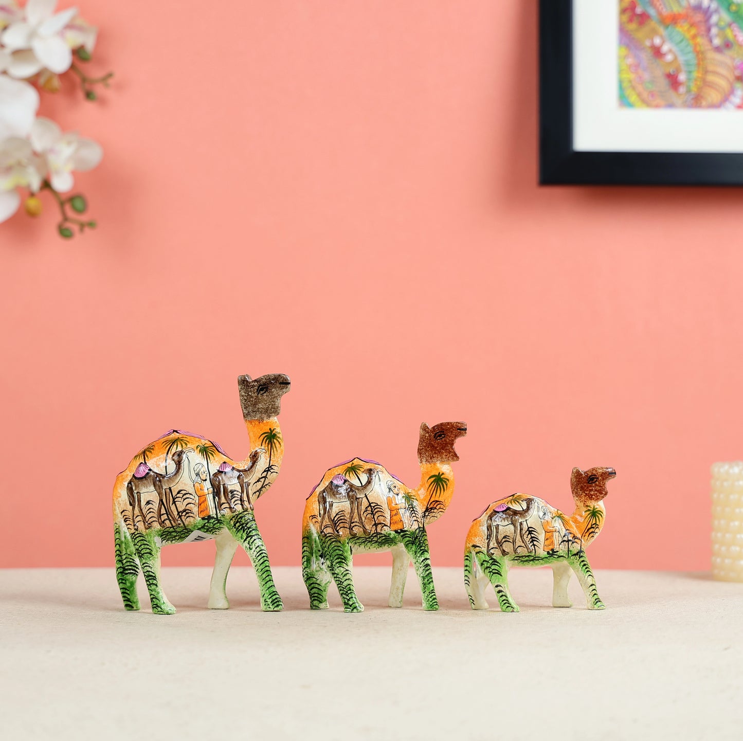 Paper Mache Crafted & Handpainted Camel Caravan Set Of 3 Table Decor