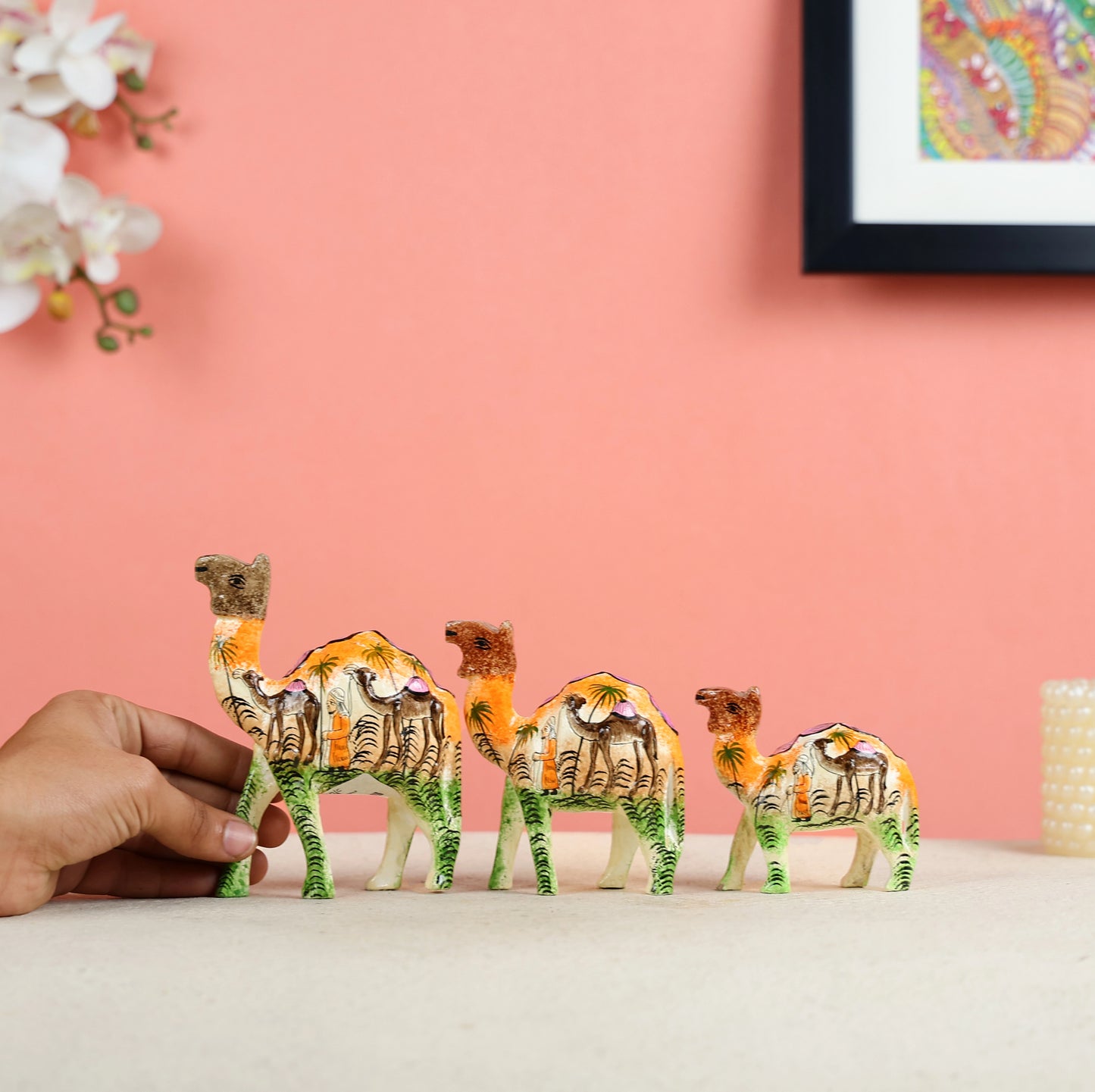 Paper Mache Crafted & Handpainted Camel Caravan Set Of 3 Table Decor