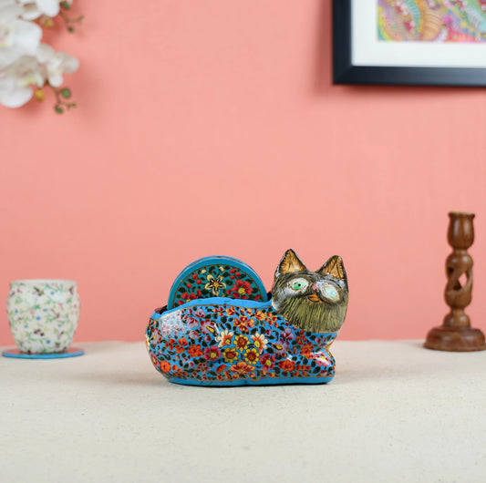 Paper Mache Crafted & Handpainted Cat With 6 Coasters Set