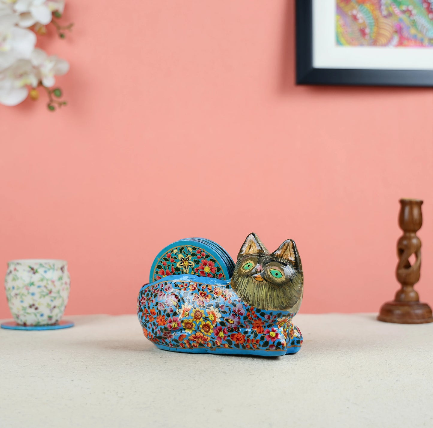 Paper Mache Crafted & Handpainted Cat With 6 Coasters Set