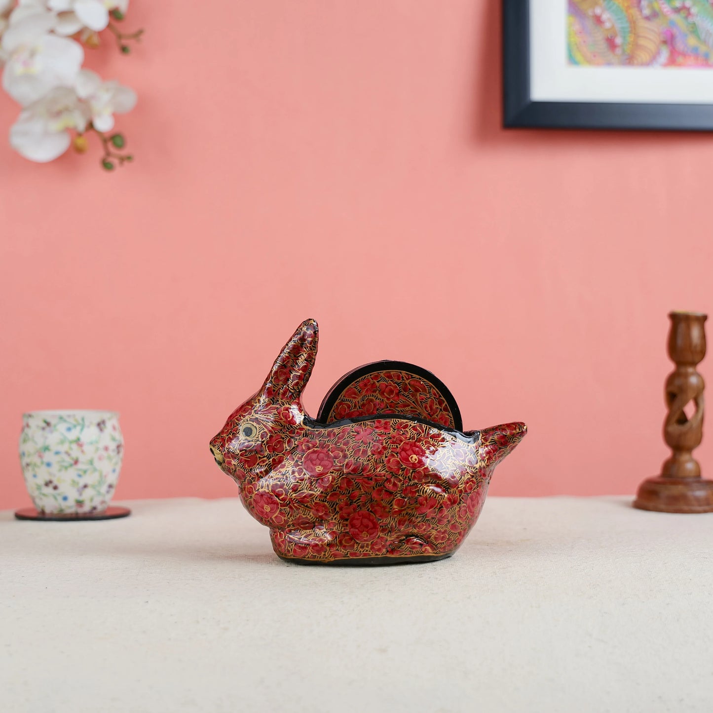 Paper Mache Crafted & Handpainted Rabbit With 6 Coasters Set