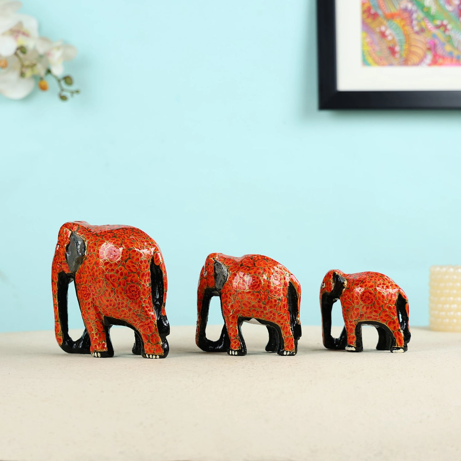 Paper Mache Crafted & Handpainted Elephant Family Set of 3 Table Decor
