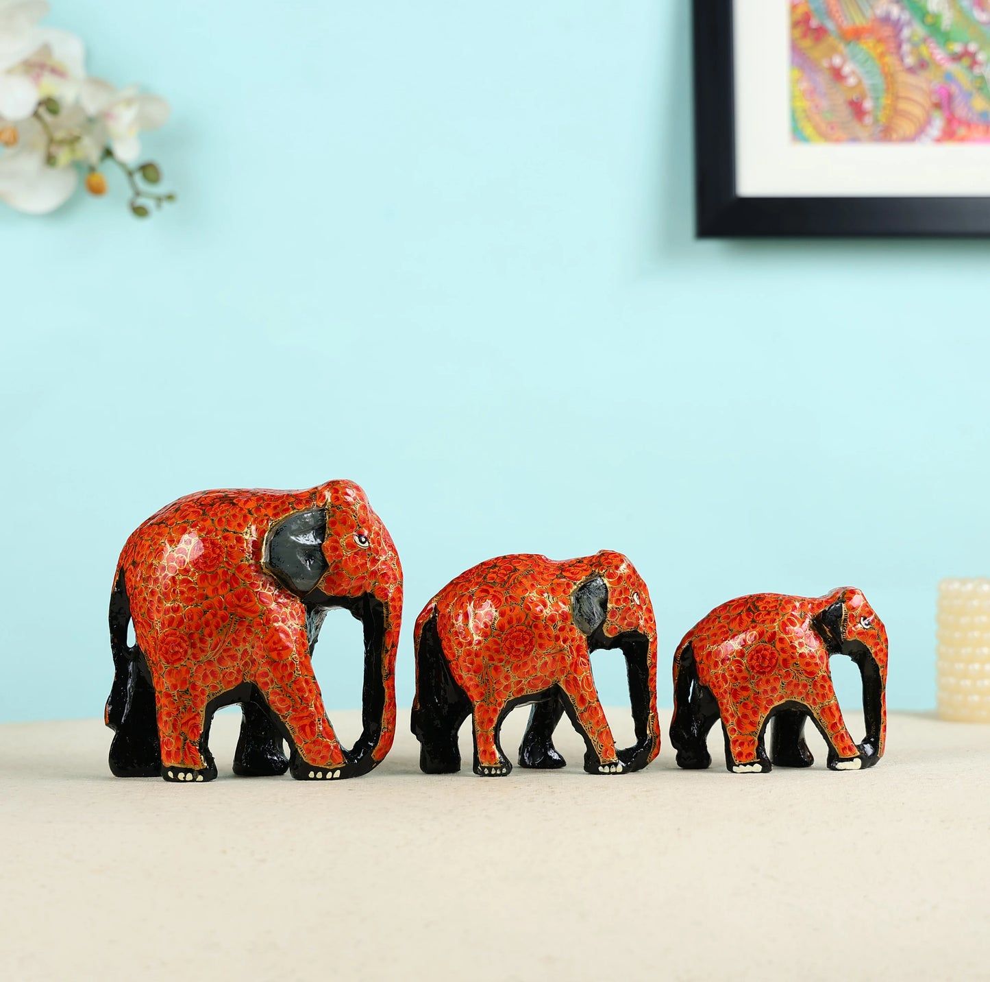 Paper Mache Crafted & Handpainted Elephant Family Set of 3 Table Decor