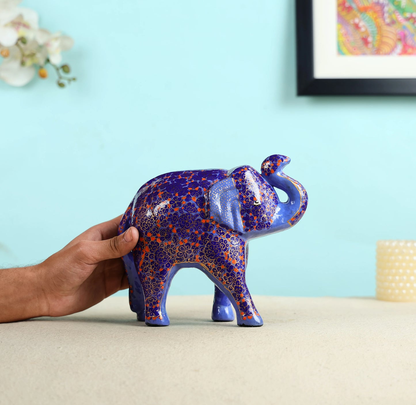 Paper Mache Crafted & Handpainted Welcoming Elephant Table Decor