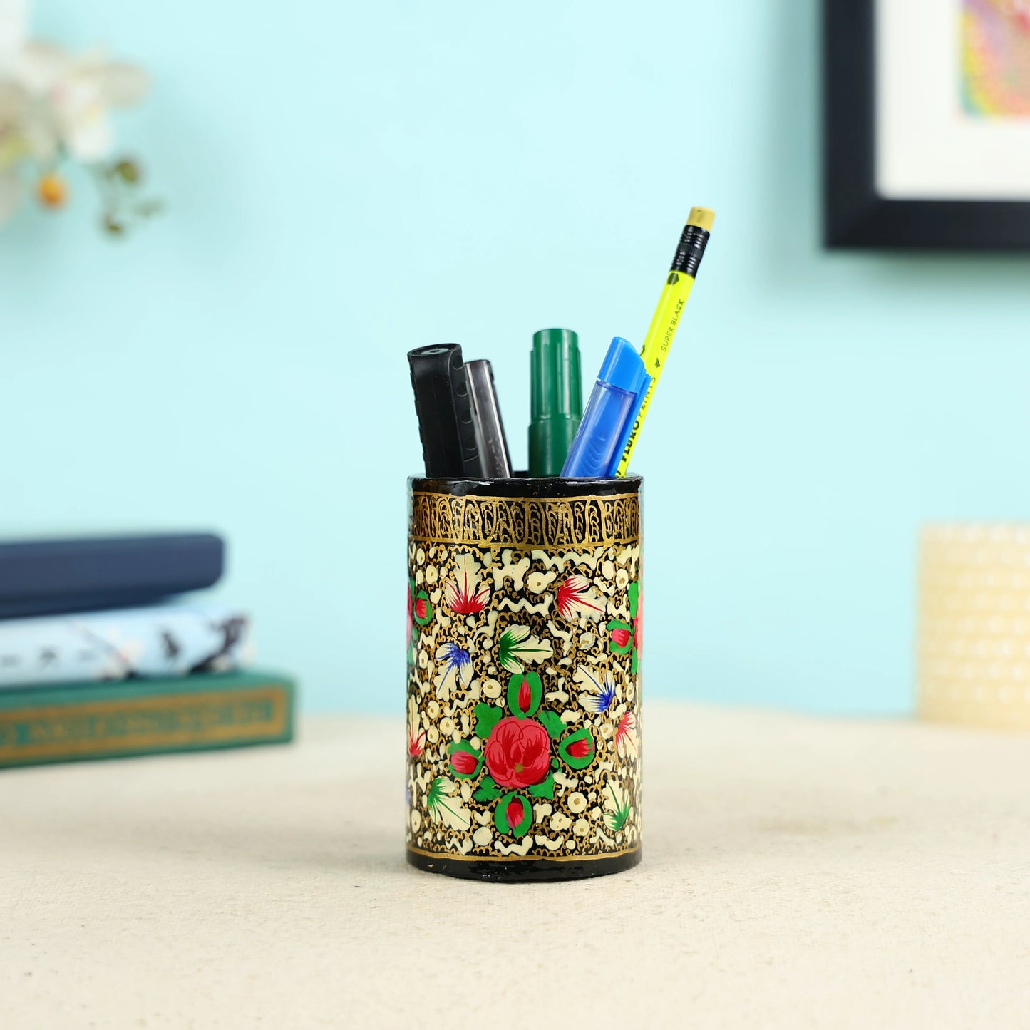 Paper Mache Crafted & Handpainted Floral Pen Holder