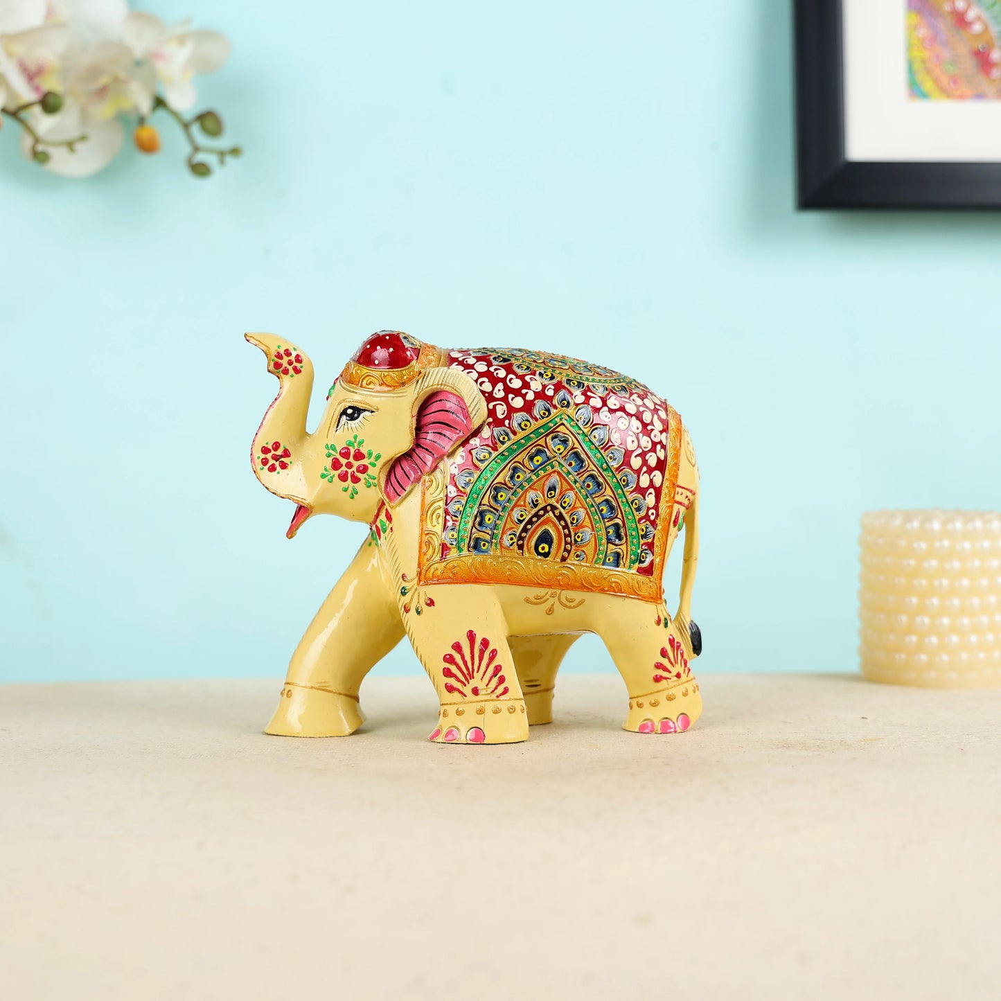 Mango Wood Carved Painted Elephant Table Decor