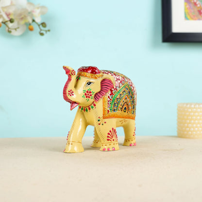 Mango Wood Carved Painted Elephant Table Decor