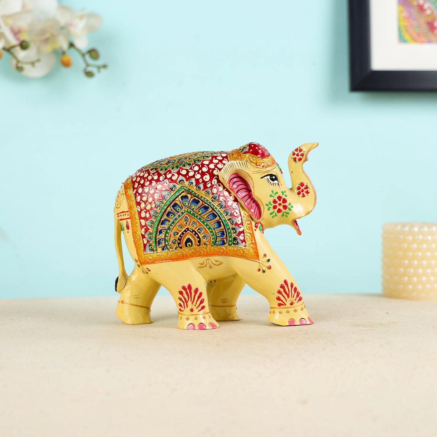 Mango Wood Carved Painted Elephant Table Decor