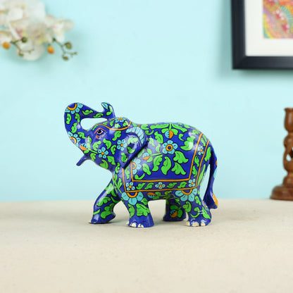 Mango Wood Carved Blue Elephant Table Decor