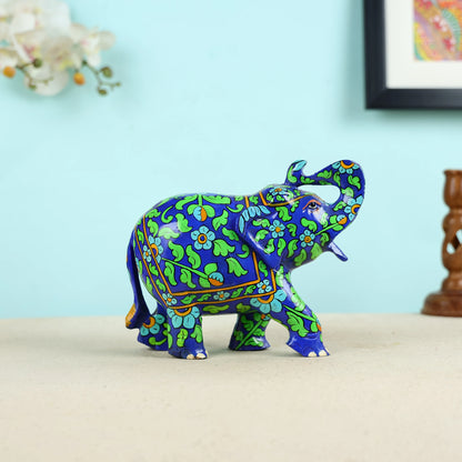 Mango Wood Carved Blue Elephant Table Decor