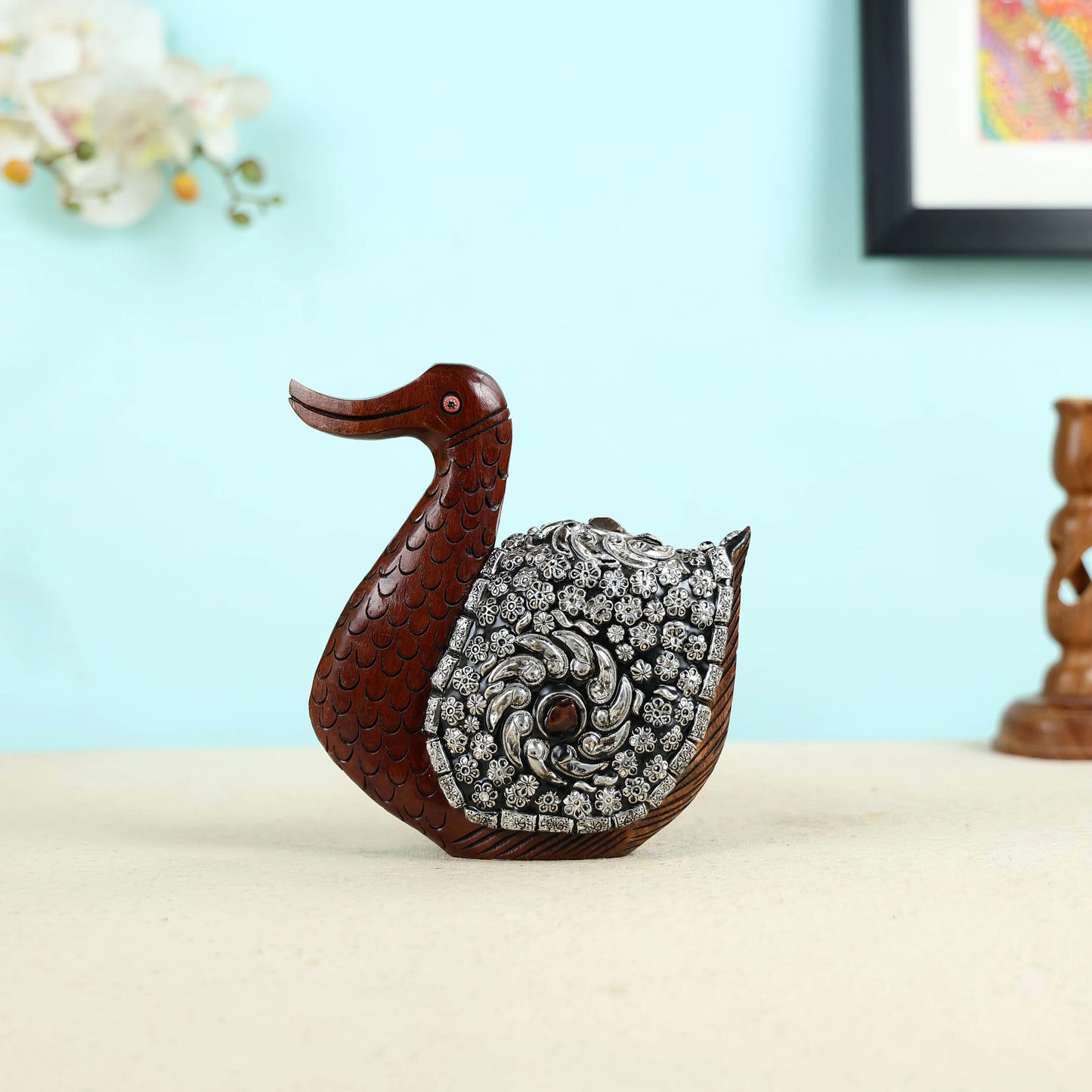 Mango Wood & Silver Beads Duck Table Decor