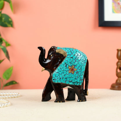 Wooden Elephant Statue With Turquoise Stone Finish