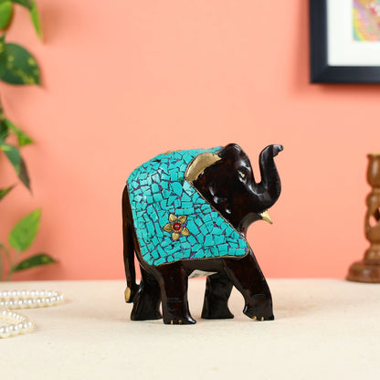 Wooden Elephant Statue With Turquoise Stone Finish