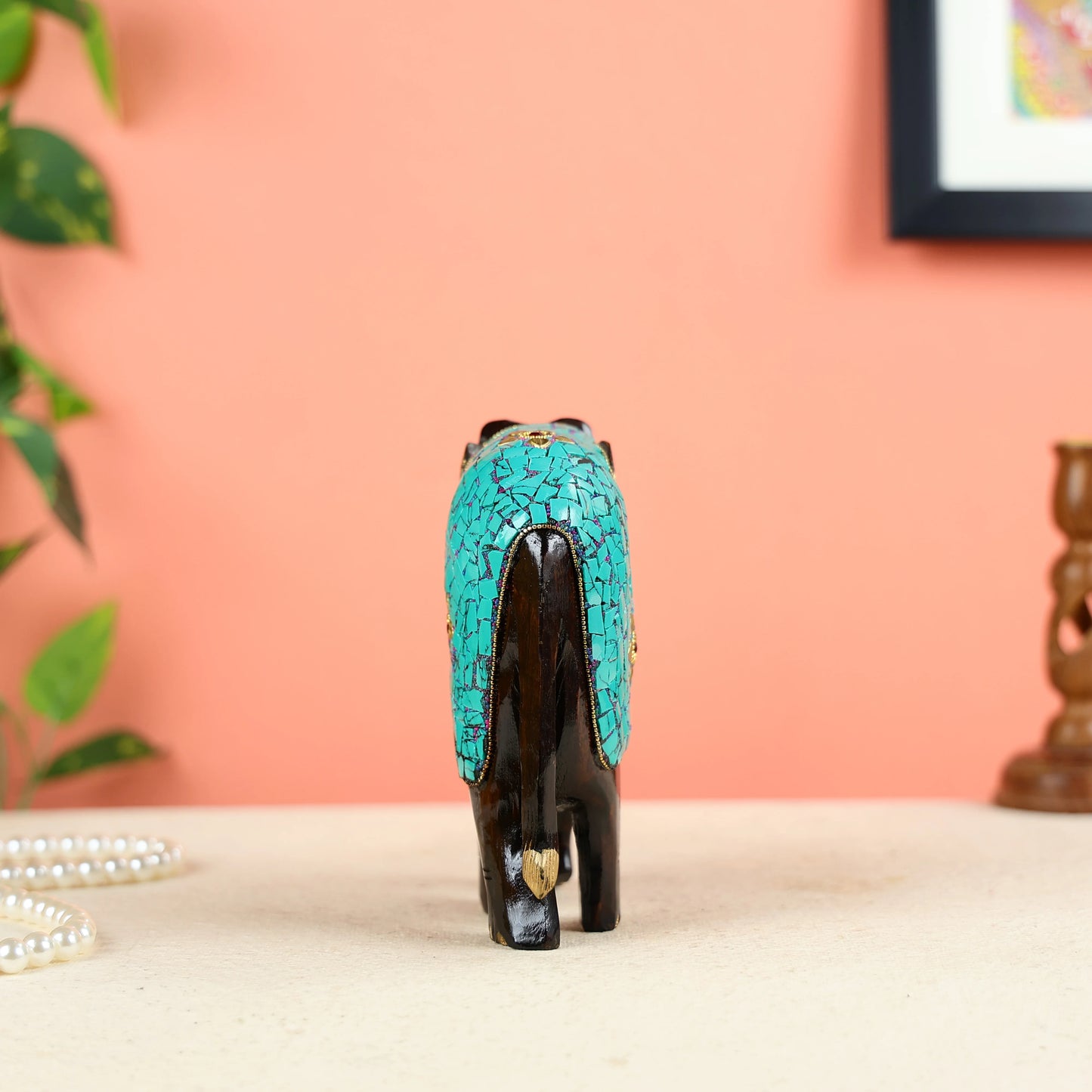 Wooden Elephant Statue With Turquoise Stone Finish