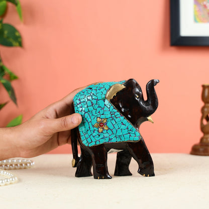 Wooden Elephant Statue With Turquoise Stone Finish