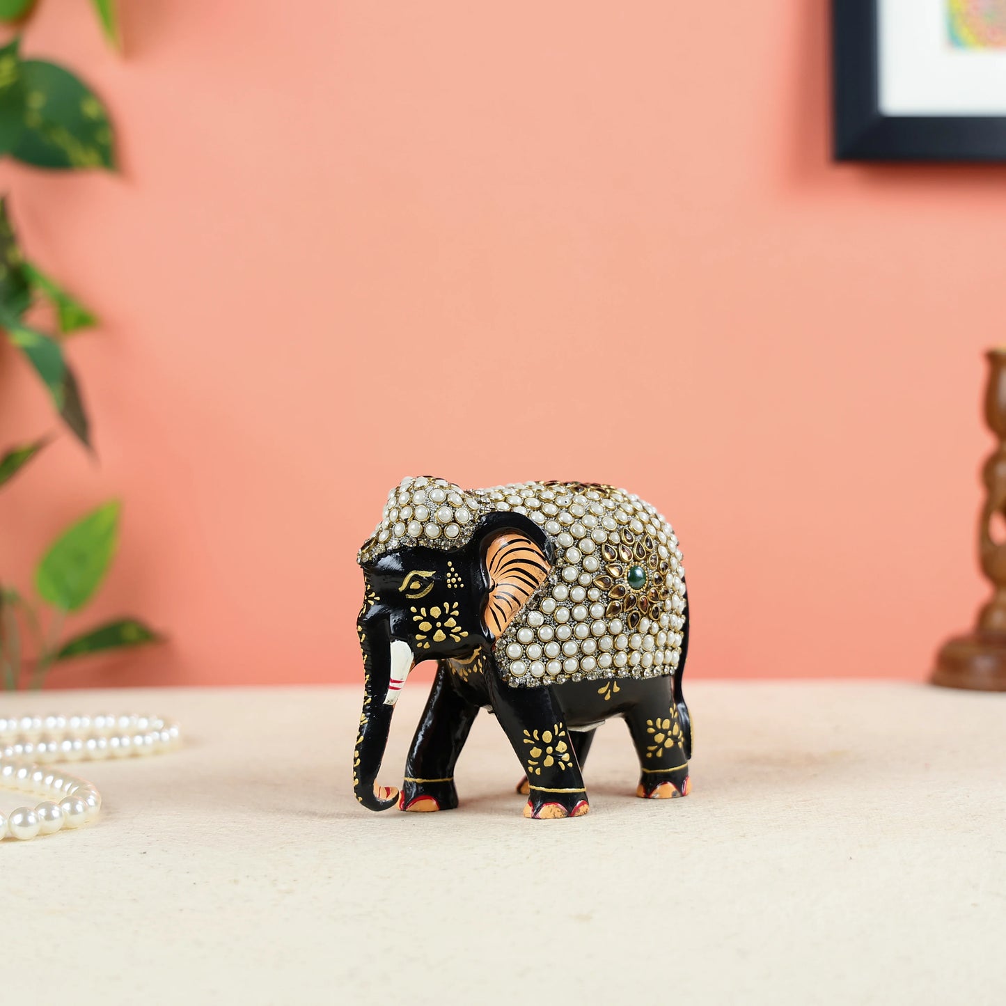 Wooden Elephant Studded With Jewelry Stones