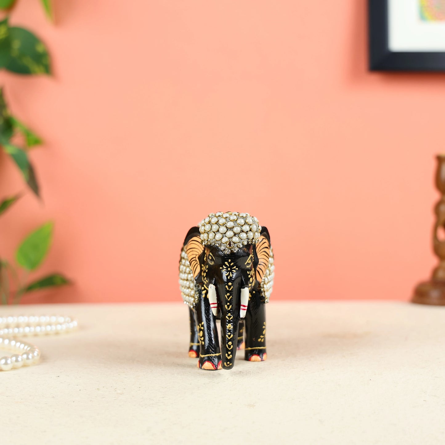 Wooden Elephant Studded With Jewelry Stones