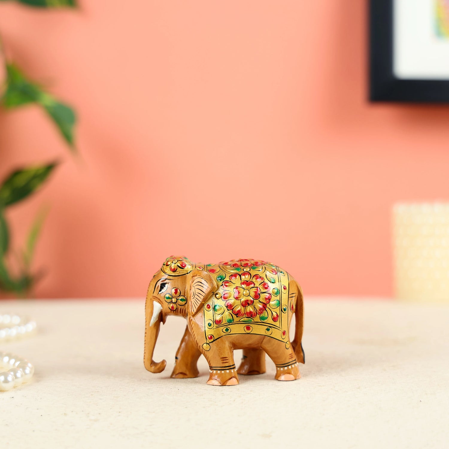Mango Wood Carved Elephant With Meenakari Work
