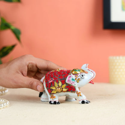 White Marble Elephant Studded With Red Stone Pieces