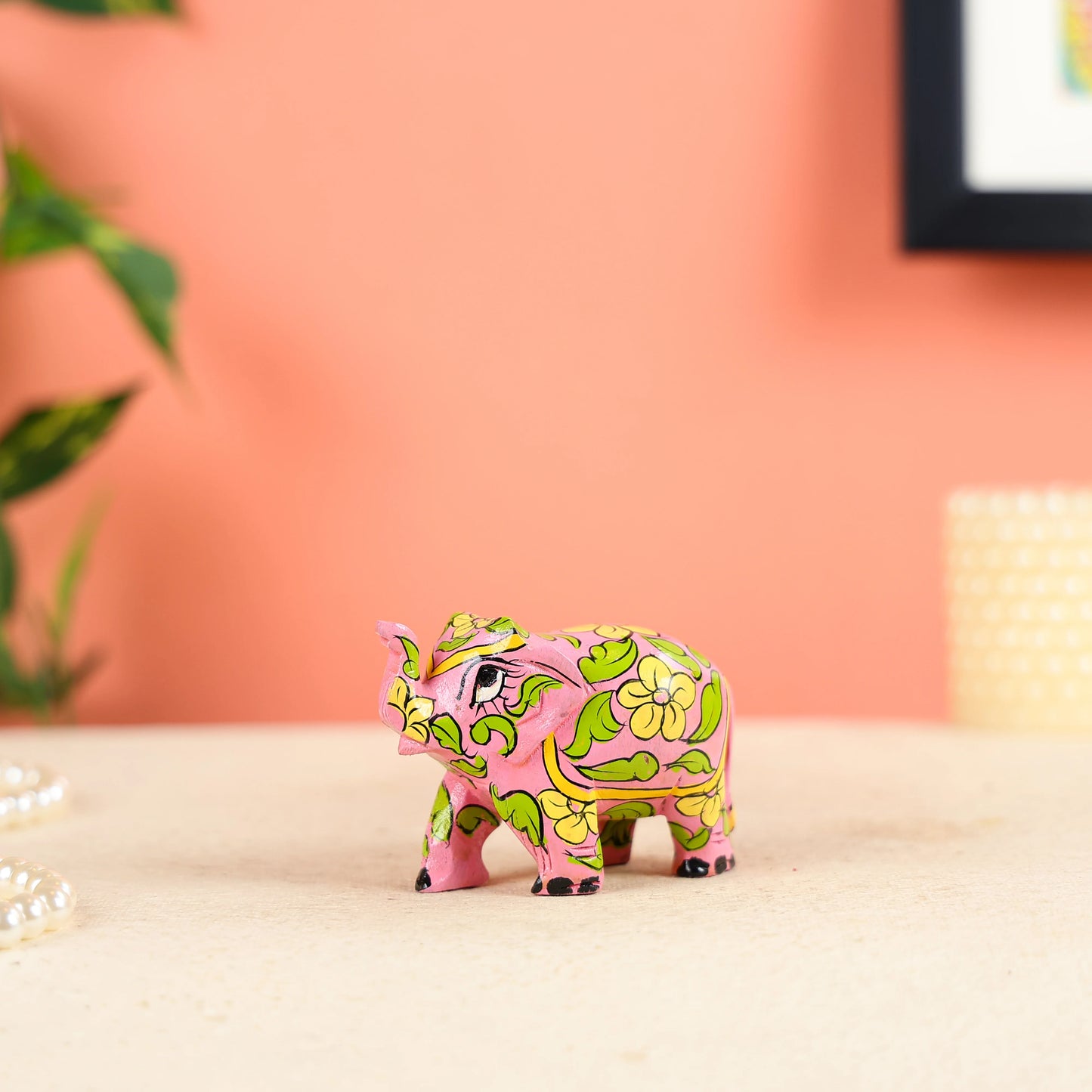 Small Pink Elephant Sculpture With Floral Designs