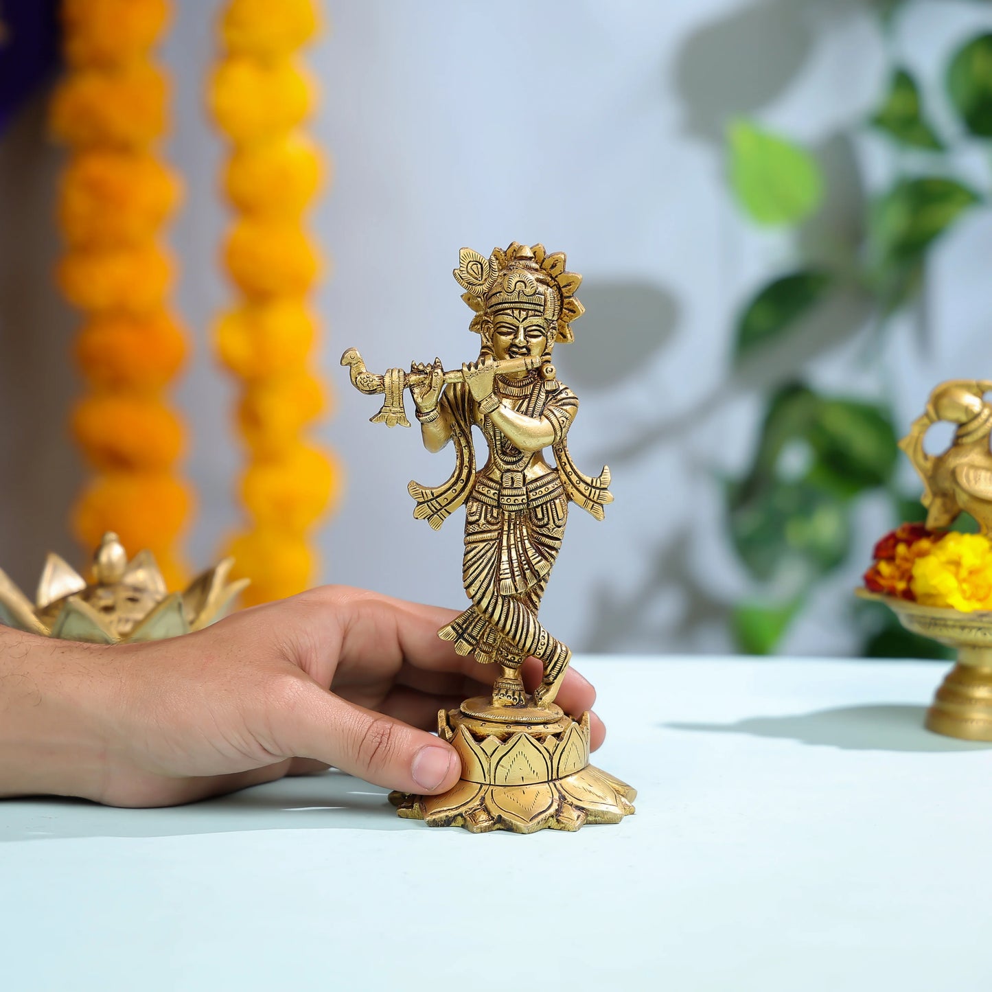 Intricately Designed Brass Krishna Idol With Flute For Spiritual Decor