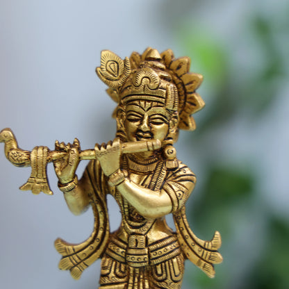 Intricately Designed Brass Krishna Idol With Flute For Spiritual Decor