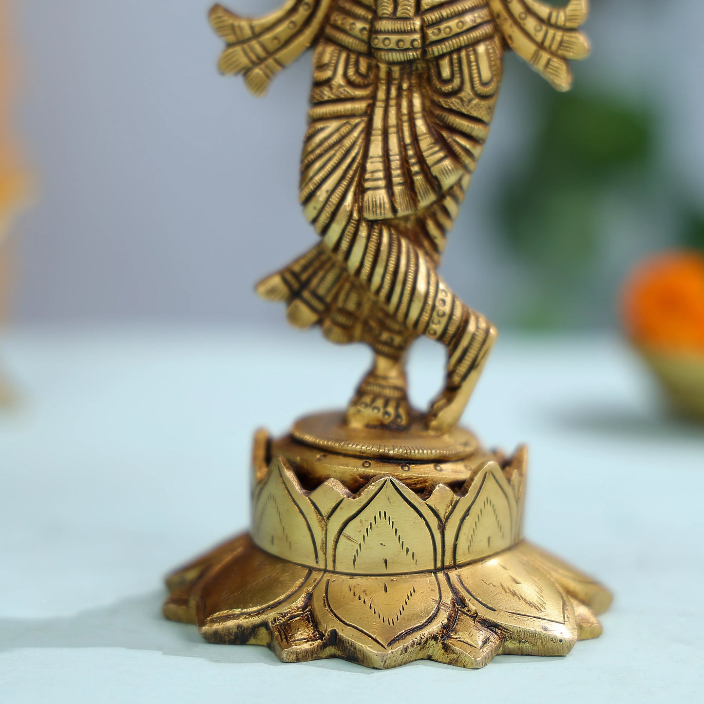 Intricately Designed Brass Krishna Idol With Flute For Spiritual Decor