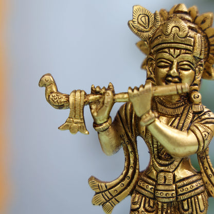 Intricately Designed Brass Krishna Idol With Flute For Spiritual Decor